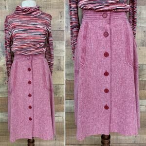 Vintage 1970s Pink Button Front A-line Skirt Pockets Size Small Boho Hippie